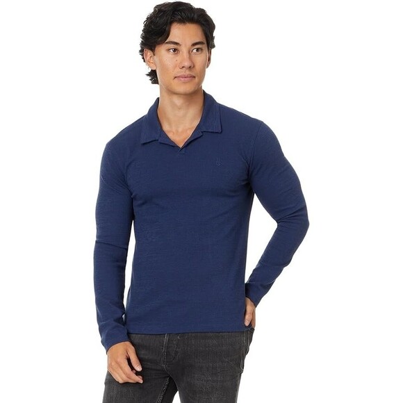 JOHN VARVATOS Polo Shirt Mens Large Blue Pullover Waffle Knit VNeck MORRIS $148 - Picture 1 of 9